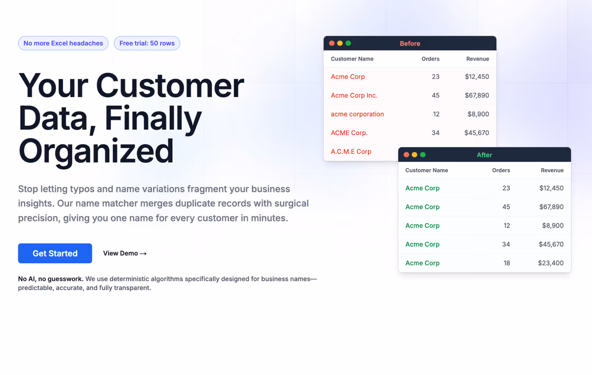 MatchCustomerNames landing page